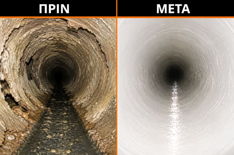 Πριν και μετά: ο ίδιος αγωγός αποχέτευσης σε βιντεοσκόπηση πριν και μετά την επισκευή χωρίς εκσκαφή